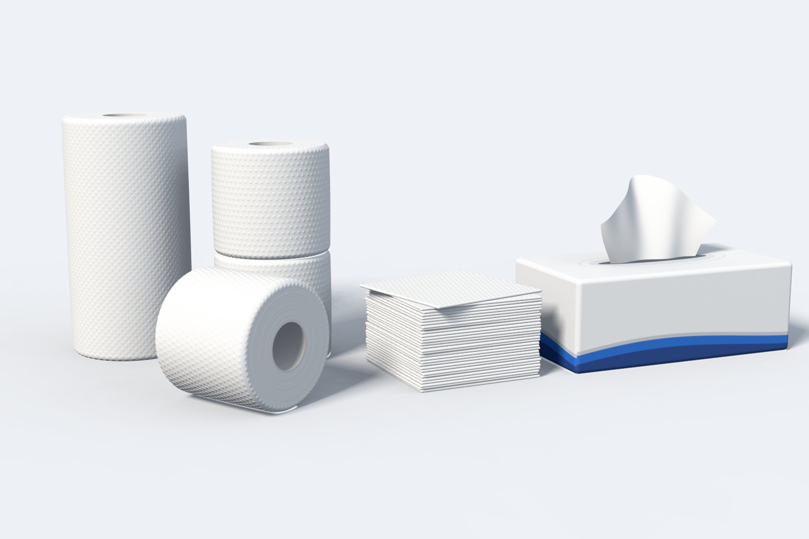 Kitchen roll, toilet rolls, napkins and a facial tissue box