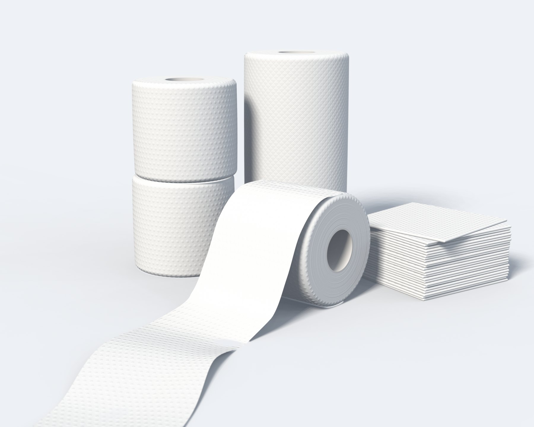Serenity toilet rolls, kitchen roll and napkins with a sheet of embossed tissue unrolled in front